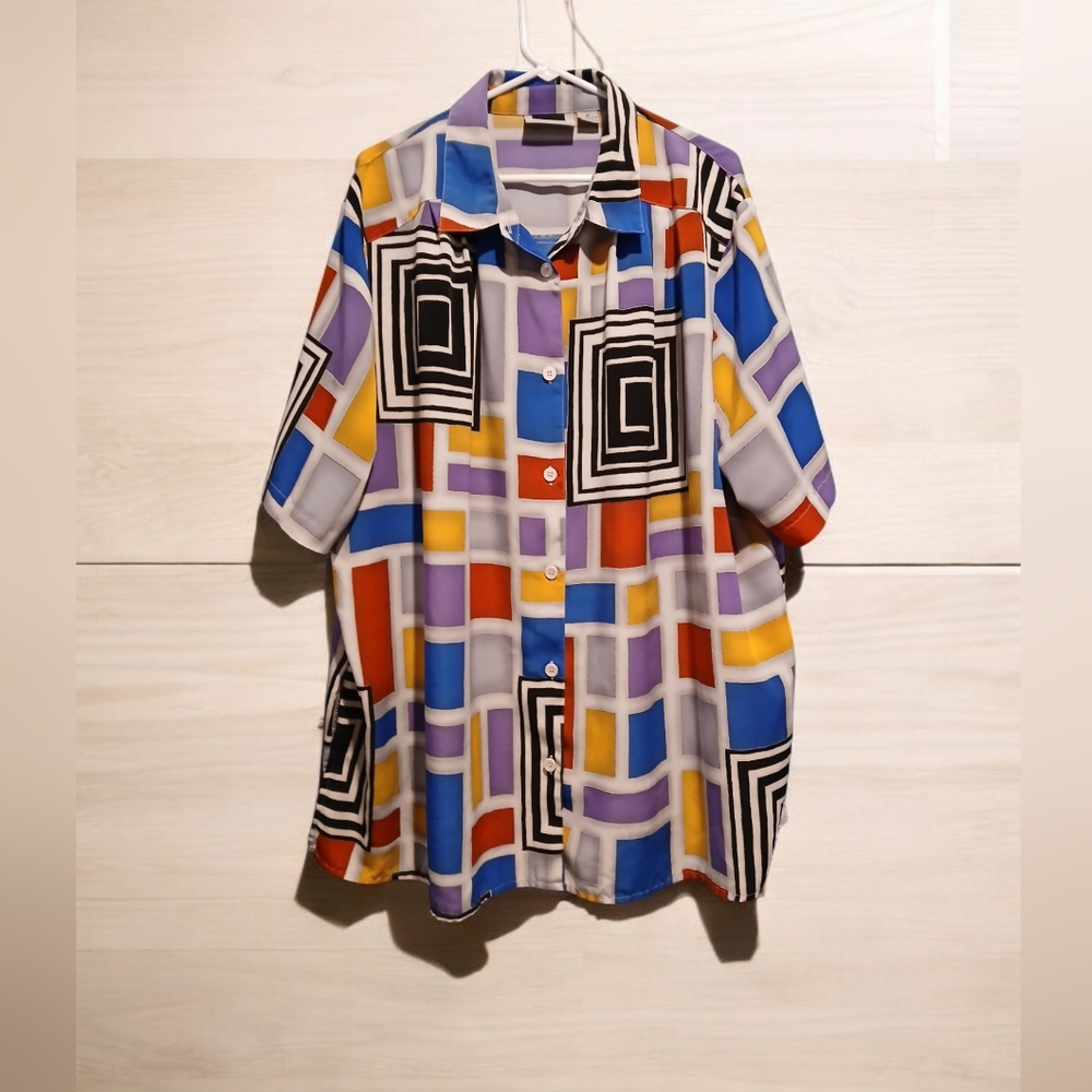 Maggie Barnes Funky Colorful Short Sleeve Shirt Womans Abstract Artsy Retro